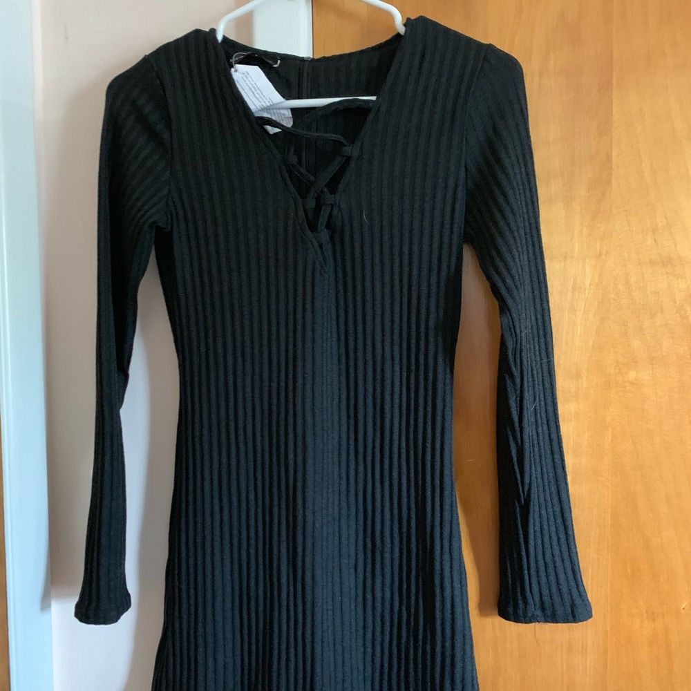 Black Dress with Cross-Stitched V-Neck